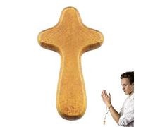 Teupyon Handmade Wooden Handcrafted Olive Wood Crucifix With Woven Linen Sack Handheld Comfort Holding In Pocket Pouch Small Hand Held Pine Wooden