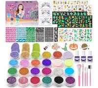 TEUVO 24 Colors Glitter Tattoo Kit with 232 Stencils, 3 Face Jewel, 5 Brushes, 26 Sheets Mixed Styles Tattoo Patterns, Glitter Makeup Temporary Tattoos for Boys Girls Halloween Birthday