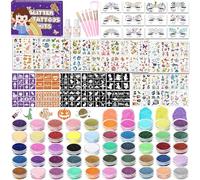 TEUVO 50 Colors Glitter Tattoo Kit with 128 Stencils, 12 Face Jewel, 5 Brushes, 300+ Mixed Styles Tattoo Patterns, Glitter Makeup Temporary Tattoos for Kids Halloween Xmas Birthday Carnival