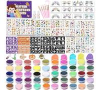 TEUVO 50 Colors Glitter Tattoo Kit with 128 Stencils, 12 Face Jewel Stickers, 5Brushes, 2Glue, 300+ Mixed Patterns Stickers, Glitter Makeup Temporary Tattoos for Kids Halloween Xmas Birthday Carnival