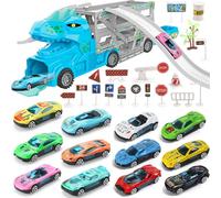 TEUVO Dinosaur Truck Car Transporter Toys for Kids 2 3 4 5 6 7 Year Old, Dino Monster Transporter Truck Toy Car Set with 12 Cars & 18 Road Signs Ramp Dinosaur Toys Gifts for Boys Toddler Birthday Xmas