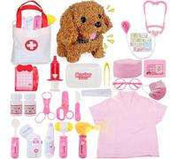 TEUVO Doctors Set for Kids - Children Pet Vet Care Play Set with Vet Doctor Costume, Dog Toys, Stethoscope - Pretend Role Play Medical Kit Toys Gifts for 2 3 4 5 6 7 8 Year Old Toddlers Girls (25Pcs)