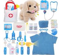TEUVO Doctors Set for Kids - Children Pet Vet Care Play Set with Vet Doctor Costume, Dog Toys, Stethoscope, Pretend Role Play Medical Kit Toys Gifts for 1 2 3 4 5 6 7 8 Year Old Toddlers Girls (25Pcs)