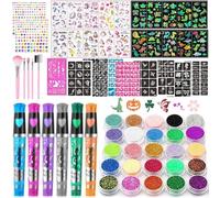 TEUVO Kids Glitter Tattoo Kit with 25 Colors, 225 Stencils, 6 Pens, 2 Rhinestone Sheets, 5 Brushes, 20 Colorful & Glow-in-the-dark Mixed Styles Patterns, Kids Temporary Tattoos for Halloween Birthday