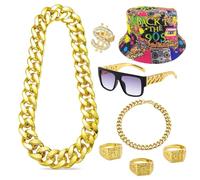 TEUYOE 8 PCS Hip Hop Party Decorations, Fake Gold Chain, Dollar Sign Necklace, Fake Rings, Hip Hop Costume, Hip Hop Ring, Hippie Glasses, Hip Hop Hat for Carnival Theme Party