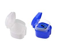 Teuypty 2Pcs Denture Case, Denture Cup with Strainer, Denture Bath Box False Teeth Storage Box - Dark Blue & White