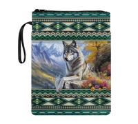 Tevecatos Aztec Wolf Forest Print Book Case Travel Book Organizer Protector Reusable with Zipper Front Pen Pocket for Librarian Readers