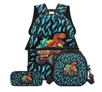 Tevecatos Dinosaur Tractor Print 3 Pcs Student School Bag Set with 17inch Backpack/Lunch Bag/Pencil Bag Cool Kids Backpack Elementary School Rucksack for Boys Girls