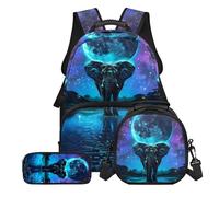 Tevecatos Elephant Galaxy Planet Print Backpack Set for Girls Boys Middle-School Elementary Bookbags, 3Pcs School Bag with Lunch Bag Pencil Case for School