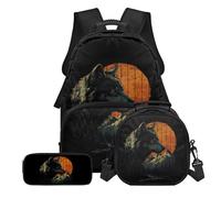 Tevecatos Wolf Sunset Print 3 Pack Kid Backpack with Lunchbox for School Toddler School Bookbag Set Pencil Case Middle-School Elementary Bookbags Back to School Gifts