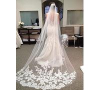 TEWAX Bridal Cathedral Veils Wedding Blusher Veils 1 Tier Long Lace With White Comb/Bridal Ivory Wedding Veil Custom Made