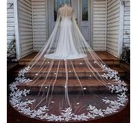 TEWAX Real Photo 3m 4m 5m One Layer Wedding Veil With Comb White Lace Edge Bridal Veils Ivory Appliqued Cathedral Wedding