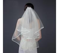 TEWAX White Ivory Wedding Veil 2 Tier Ribbon Edge Center Cascade Bridal Veil with Comb for Bachelorette Party