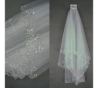 TEWAX White or Ivory Short Wedding Veil with Crystal Edge with Comb 2 Beaded Bride Bridal Veils