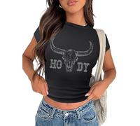 Tewmeu Cowgirl Outfits for Women Crop Tops for Teen Girl Y2k Clothes Cowboy Country Concert Graphic Tee Tops, Black, S