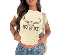 Tewmeu Cowgirl Outfits for Women Crop Tops for Teen Girl Y2k Clothes Cowboy Country Concert Graphic Tee Tpos, Apricot Oxhead, M