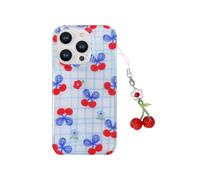 Tewwsdi Cherry Blue White Checkered Phone Case with Charm for iPhone 15 Pro 6.1in,Cute Chic Plaid Striped Aesthetic Design Gloss Clear Protective Cover for iPhone 15 Pro 6.1",Girly Gift Teens Women