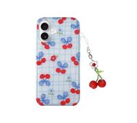 Tewwsdi Cherry Blue White Checkered Phone Case with Charm for iPhone 17 6.3 in,Cute Chic Plaid Striped Aesthetic Design Gloss Clear Protective Cover for iPhone 17 6.5",Girly Gift Teens Women