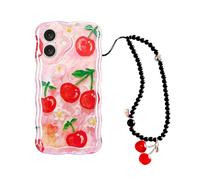 Tewwsdi Red Cherry Phone Case with Charm for iPhone 17 6.3in,Retro Stylish Glossy Oil Painting Flower Laser Glossy,Aesthetic Fruit Shockproof Wave Frame Protection Cover Girly Gift for Girl Women