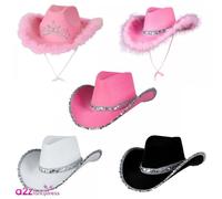Texan Cowgirl Hat Sequins Feathers Hen Night Fancy Dress - White