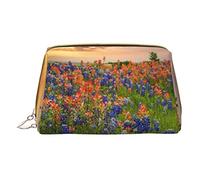 Texas Bluebonnets Scenery Makeup Bag for Travel, Leather Cosmetic Bag Portable Toiletry Bags Cosmetic Cases for Women Men