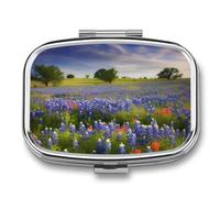 Texas Bluebonnets Scenery Pill Box 2 Compartment, Portable Pill Case with Mirror for Pocket Purse Travel, Mini Metal Medicine Organizer for Vitamins Fish Oil