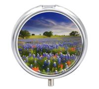 Texas Bluebonnets Scenery Pill Box Medicine Pill Organizer 3 Compartment Daily Pill Case Small Pill Container Round Pill Holder Travel Pill Box Metal Pill Case for Purse Pocket