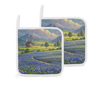 Texas Bluebonnets Scenery Pot Holders Set of 2 Kitchen Heat Resistant Potholder Square Hot Pads with Hanging Loop Home Decor for Cooking Baking BBQ Grilling Microwave Oven