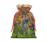 (Texas Bluebonnets Scenery) Print Christmas New Year Candy Gift Bag, Red Xmas Ribbon Drawstring Bags for Kids Xmas Holiday Eve Presents M Size