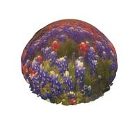 (Texas Bluebonnets Scenery) Print Double Layer Waterproof Shower Cap for Long Hair - Reusable Bath Hair Protection with Elastic Band for Women Travel.