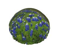 (Texas Bluebonnets Scenery) Print Double Layer Waterproof Shower Cap for Long Hair - Reusable Bath Hair Protection with Elastic Band for Women Travel.