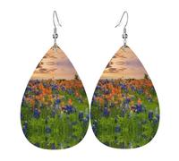 Texas Bluebonnets Scenery Printed Teardrop Pendant Leather Earrings | Lightweight and Versatile Earrings | Suitable for Daily Commute and Date Wear