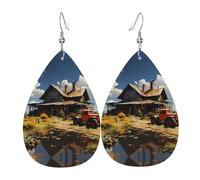 Texas Farm Tractor double-sided printed leather earrings int and shape of water drops, creative, light and novel, bright and vivid colors.
