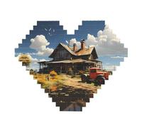 Texas Farm Tractor Print Building Brick Block Puzzle - Heart Shaped Picture Puzzles, Wooden Picture Jigsaw Puzzles