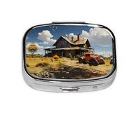 Texas Farm Tractor Square Pill Storage Box, Travel Portable Mini Pill Box, Vitamin Medicine Storage Box (2 Compartment Pill Box)