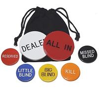 Texas Hold'em Poker 7pc Button Set (Dealer, All in, Small Blind, Big Blind, Missed Blind, Reserved, Kill) with Black Velvet Pouch