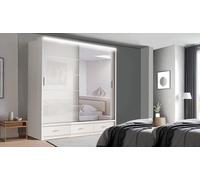 Texas Modern Full Mirror sliding door Bedroom wardrobe with LED Light Width 100cm/120cm/150cm/180cm/203cm/250cm (White, 205CM)