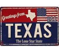Texas Vintage Greetings License Plate Metal Sign 8x12 in USA Flag & Lone Star State Wall Art Decor for Home Bar Cafe Garage Weather Resistant Metal Plaque