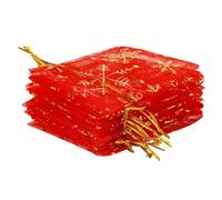 TEXASDELUXE Red Gold Snowflake Small Organza Bags with Drawstring 2x3 50 pack Tiny Small Drawstring Bags 2x3 for Party Wedding Goodies Candies & Jewelry