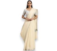 TEXATION Women's Kerala Kasavu Plain Cotton Saree With Running Blouse Piece, Silver, 5.5 Meter, 0.8 Meter