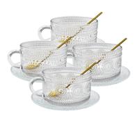 TEXIJUSO 4 Set Glass Coffee Mugs, Large Clear Vintage Ribbed Cups with 4pcs Spoons 4pcs Glass Saucer, Can Shaped Sunflower Beads Coupe and Coasters for Drinking Cappuccino, Latte, Tea, Yogurt, Milk