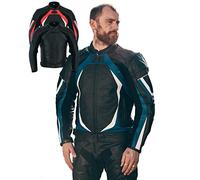 Texpeed Mens Leather Motorcycle Jacket - Perforated Racing Motorbike Suit Top With Genuine Biker CE Armour (EN 1621-1) Protection Blue - M