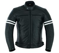 Texpeed Mens Leather Motorcycle Jacket - Touring Motorbike Jacket With Genuine Biker CE Armour (EN 1621-1) Protection Café Racer Design - Black With White Strip - XL