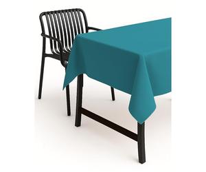 texpot Stain-Resistant Tablecloth, White, Choice of Sizes, Wrapped Hem, Easy Care, Waterproof, 135 x 220 cm, Petrol Blue