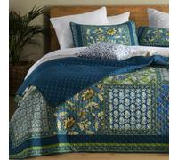 TEXSTEAD Quilted Bedspreads Double Quilt Set and 1 Pillow Shams,173×229cm | Multicolour Patchwork Print,Breathable Material,Summer,Floral Coverlet,Green