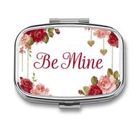 Text Be Mine Red Pink Rose Decoration Pill Box 2 Compartment Portable Medicine Pill Case Travel Pill Organizer for Pocket Purse