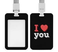 Text I Love You with A Heart on Black ID Badge Holder Retractable Clip Card Holder Card Protector Name Badge Name Tag for Work Office Doctor Nurse