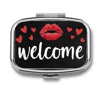 Text Welcome and Red Lipstick Kiss Mark Pill Box 2 Compartment Portable Medicine Pill Case Travel Pill Organizer for Pocket Purse