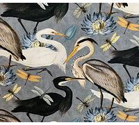 Textile London Birds Fabric Sold by Meter Grey Herons Bird Lotus Insects Printed Cotton Pattern for Upholstery Or Curtains Cushions