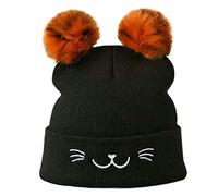 Textiles 4 Home Women’s Girls Knitted Winter Beanie Hat with Two Pom Poms and Embroidered Cat Whiskers (Black)